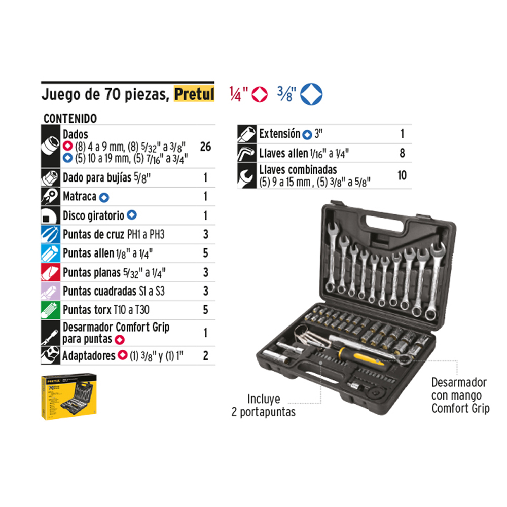 JGO HERRAMIENTAS 70 PCS. P/MECANICA TRUPER/PRETUL 22981