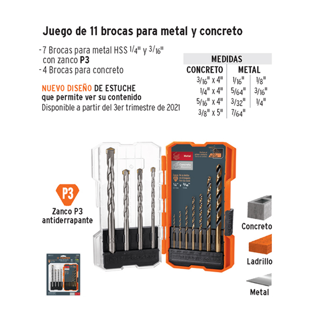 KIT DE 11 BROCAS ALTA VEL. METAL Y CONCRETO C/ESTUCHE TRUPER 11335