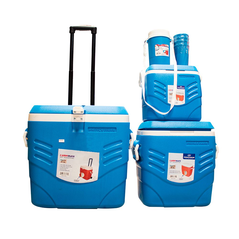COMBO HIELERA C/RUEDAS 41LTS + 2 HIELERAS + 1 TERMO + 4 VASOS 8PCS 3623-C4