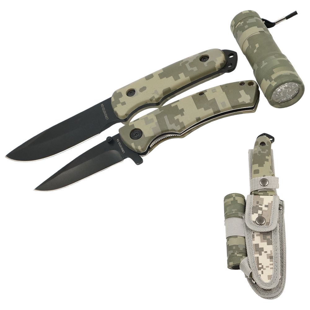 CUCHILLO 8.5 PULG + NAVAJA DOBLAR + LAMPARA LED + FUNDA TACTICA LDK 010722-CA
