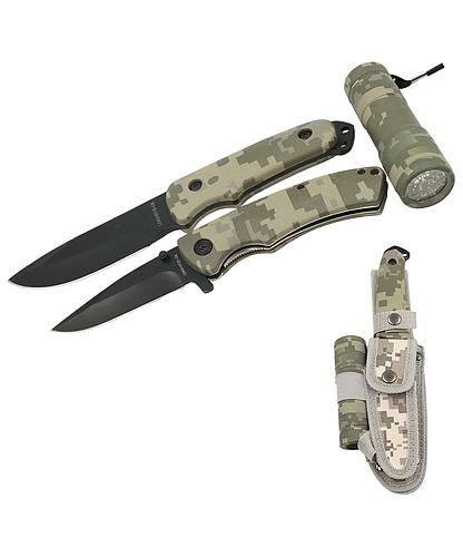 CUCHILLO 8.5 PULG + NAVAJA DOBLAR + LAMPARA LED + FUNDA TACTICA LDK 010722-CA